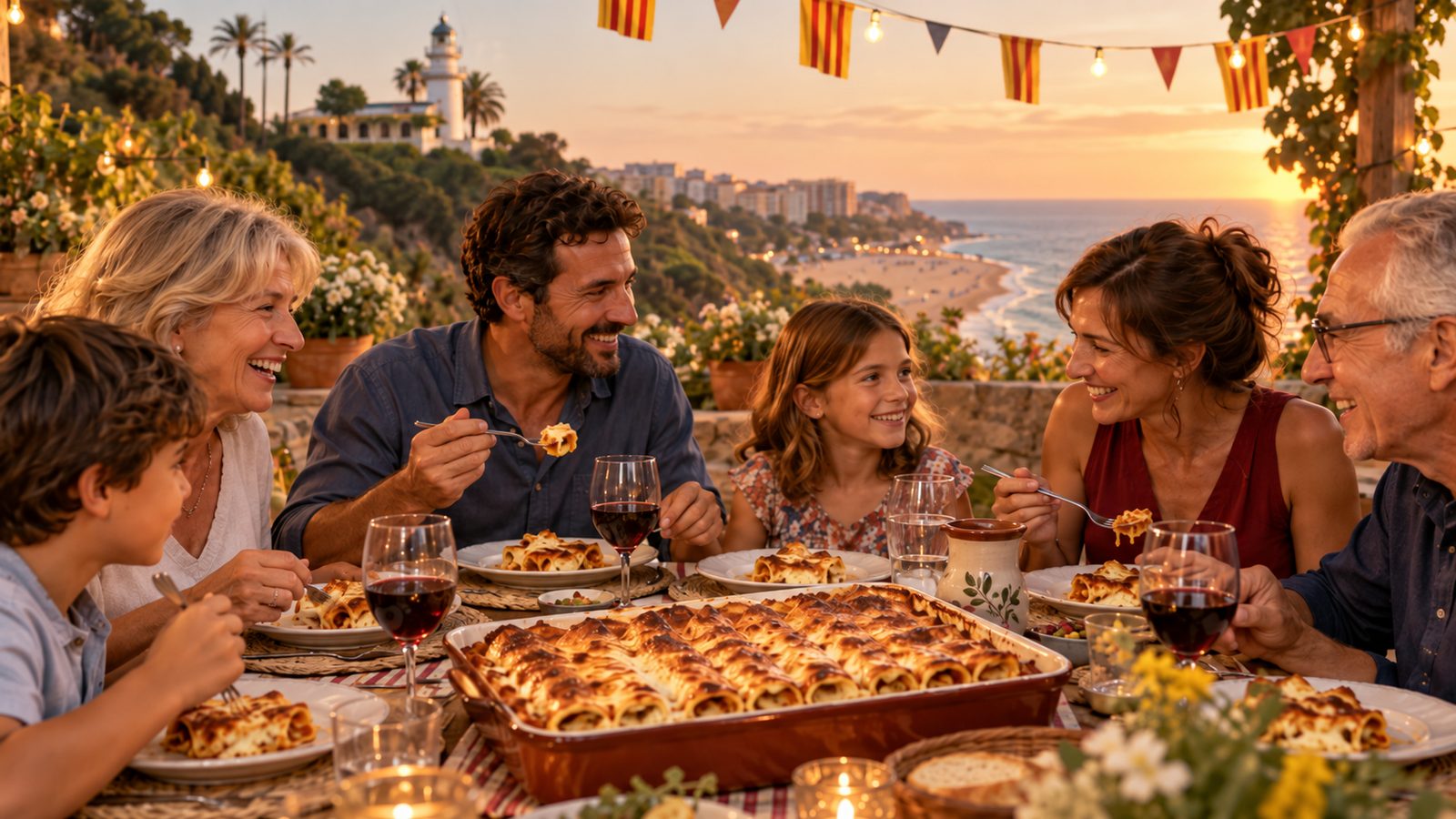 Família celebrant la Festa Major de Calella menjant canelons amb el Far de Calella al fons