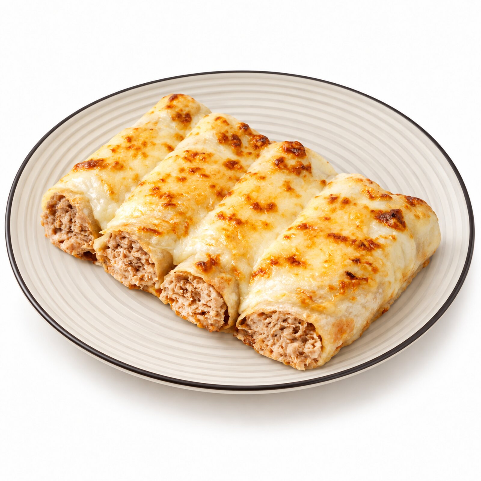 Quatre canelons de carn amb beixamel gratinada emplatats
