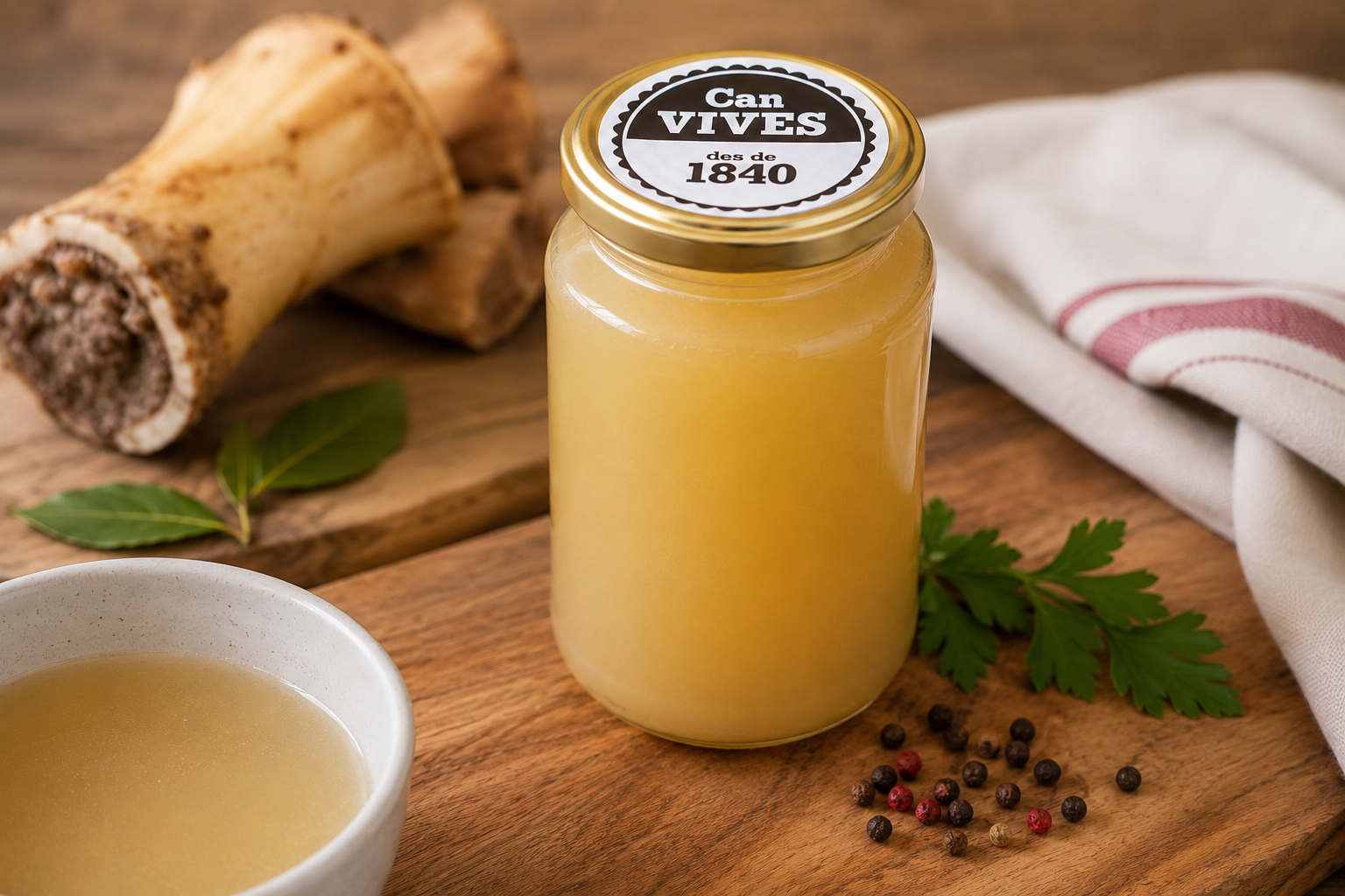 Pot de vidre de brou d’ossos de vedella Can Vives amb etiqueta superior i ingredients de cuina tradicional